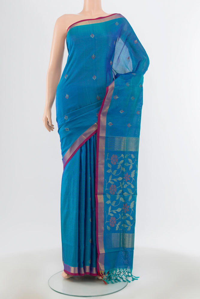 Dark Blue Uppada Silk Saree with Zari Brocade on the body and Silk Border.  displayed on a mannequin