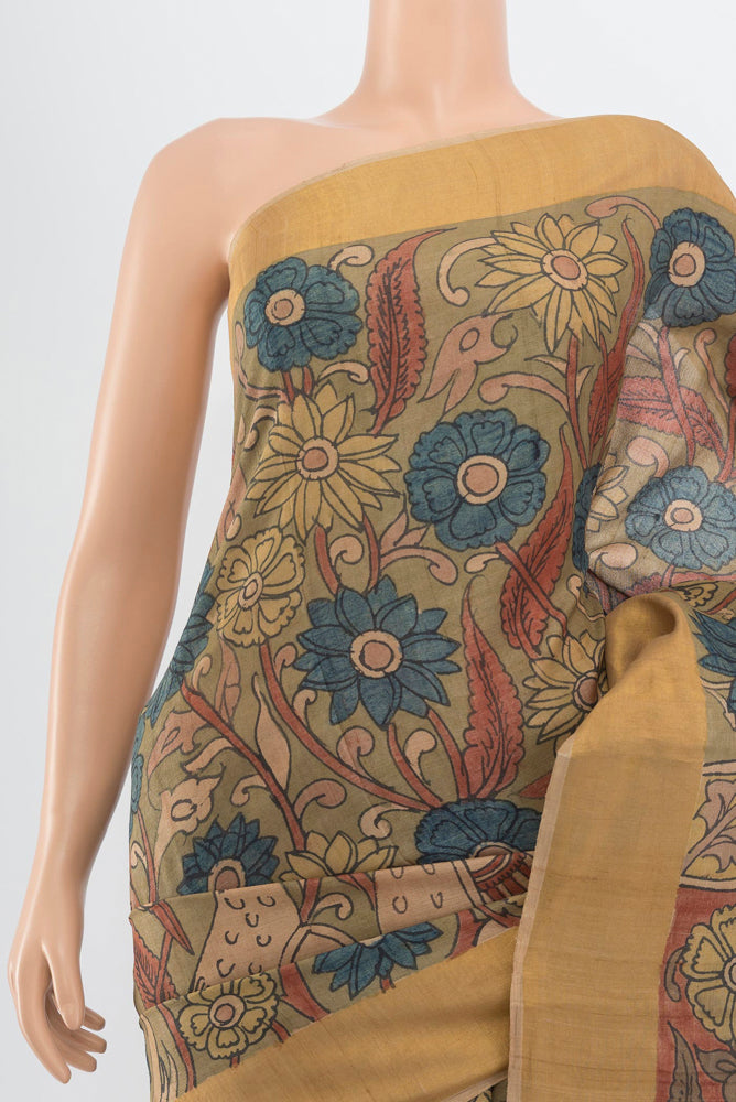 Border image of Pure Silk Pure Zari Multi Color Tussar Saree with kalamkari Print on the body and Silk Border. 