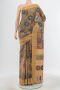 Pure Silk Pure Zari Multi Color Tussar Saree with kalamkari Print on the body and Silk Border.  displayed on a mannequin