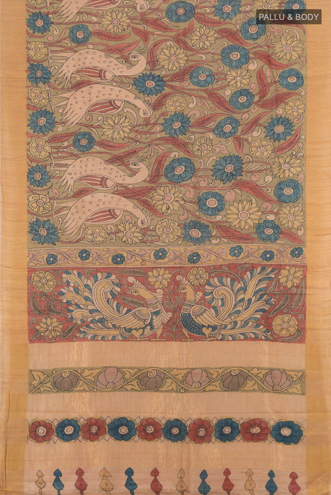 Flat view of Pure Silk Pure Zari Multi Color Tussar Saree with kalamkari Print on the body and Silk Border. 