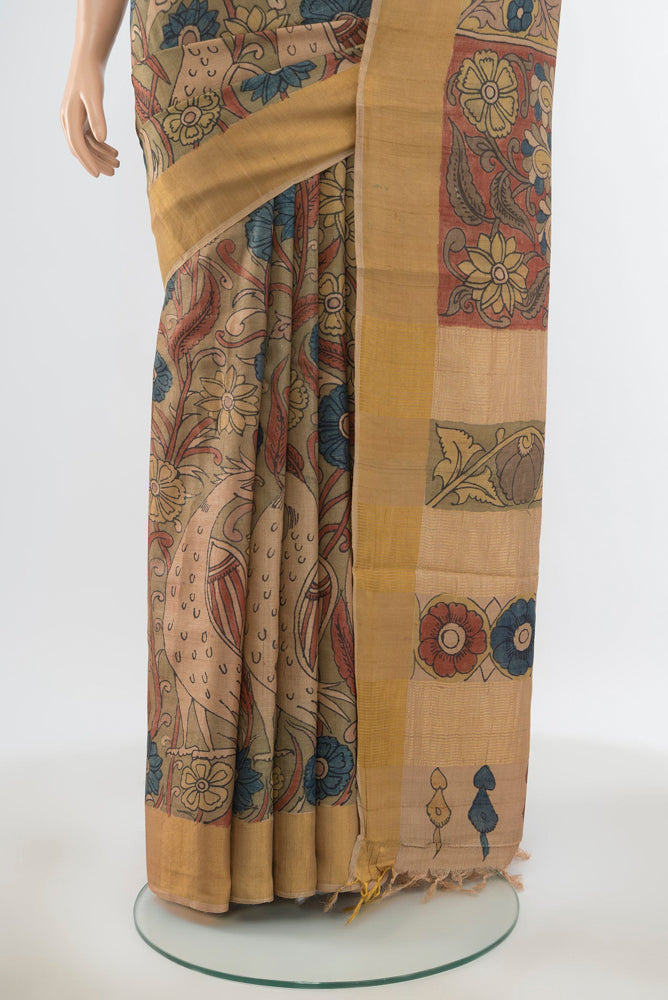 Pleats and pallu of Pure Silk Pure Zari Multi Color Tussar Saree with kalamkari Print on the body and Silk Border. 