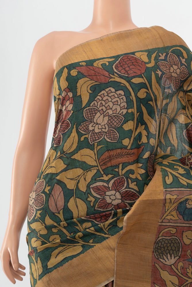 Border image of Pure Silk Pure Zari Multi Color kalamkari Saree with kalamkari Print on the body and Silk Border. 