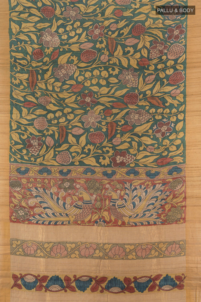 Flat view of Pure Silk Pure Zari Multi Color kalamkari Saree with kalamkari Print on the body and Silk Border. 