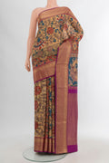 Beige Kanjivaram Silk Saree with Floral Print on the body and Zari Border.  displayed on a mannequin