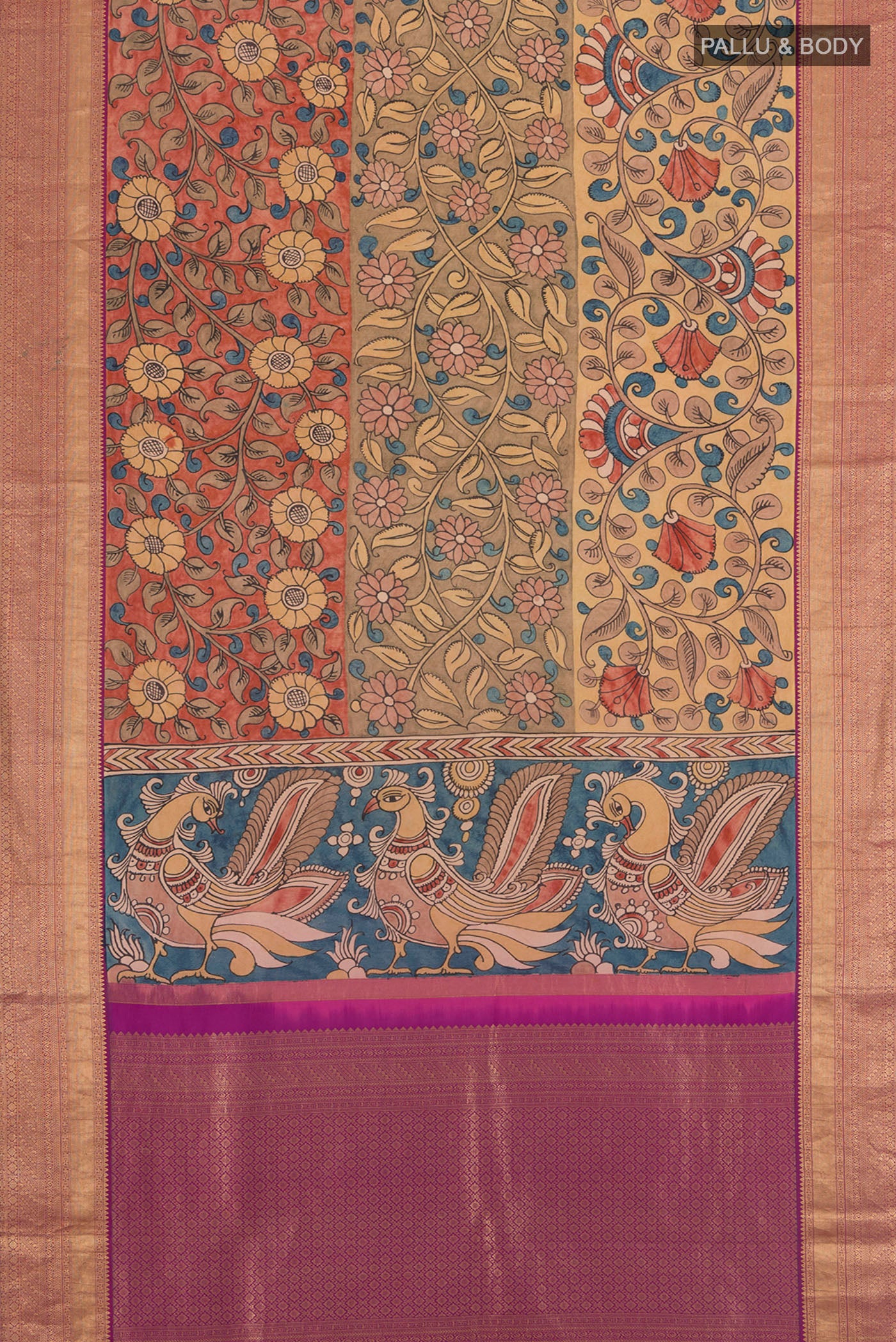 Flat view of Beige Kanjivaram Silk Saree with Floral Print on the body and Zari Border. 