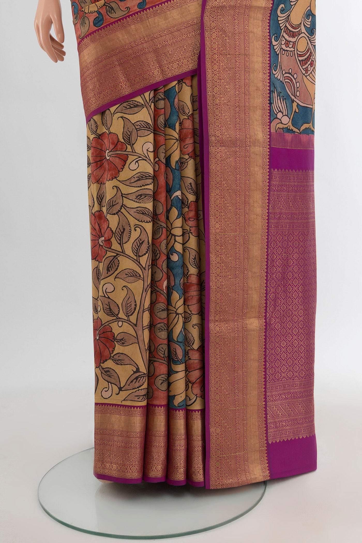 Pleats and pallu of Beige Kanjivaram Silk Saree with Floral Print on the body and Zari Border. 