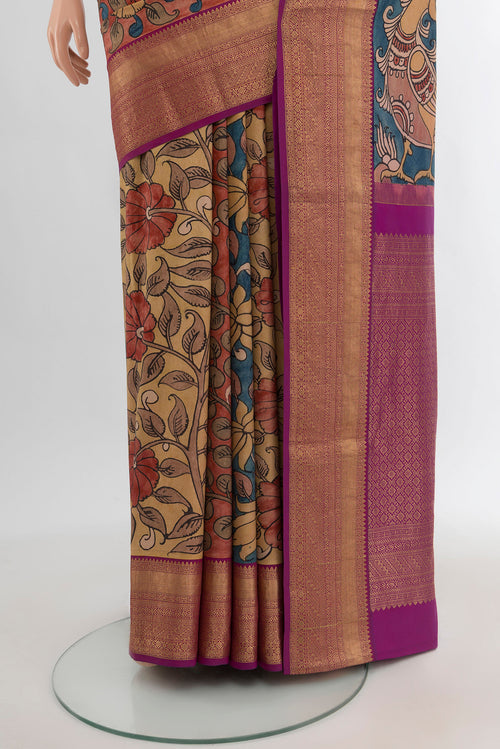 Pleats and pallu of Beige Kanjivaram Silk Saree with Floral Print on the body and Zari Border. 