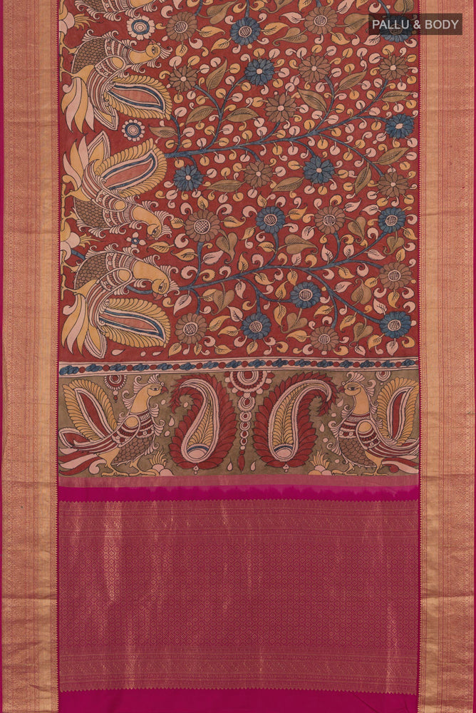 Flat view of Pure Silk Pure Zari Multi Color Tussar Saree with kalamkari Print on the body and Silk Border. 