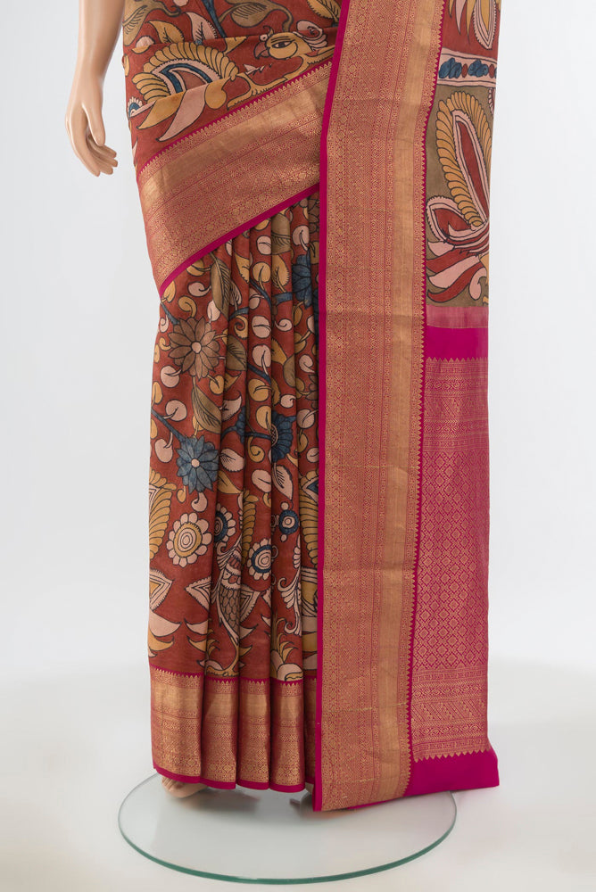 Pleats and pallu of Pure Silk Pure Zari Multi Color Tussar Saree with kalamkari Print on the body and Silk Border. 