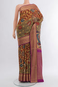 Brown Kanjivaram Silk Saree with Floral Print on the body and Zari Border.  displayed on a mannequin