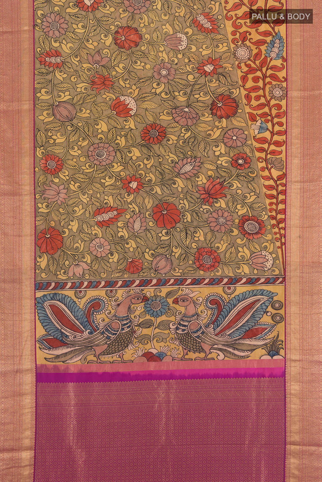 Flat view of Brown Kanjivaram Silk Saree with Floral Print on the body and Zari Border. 