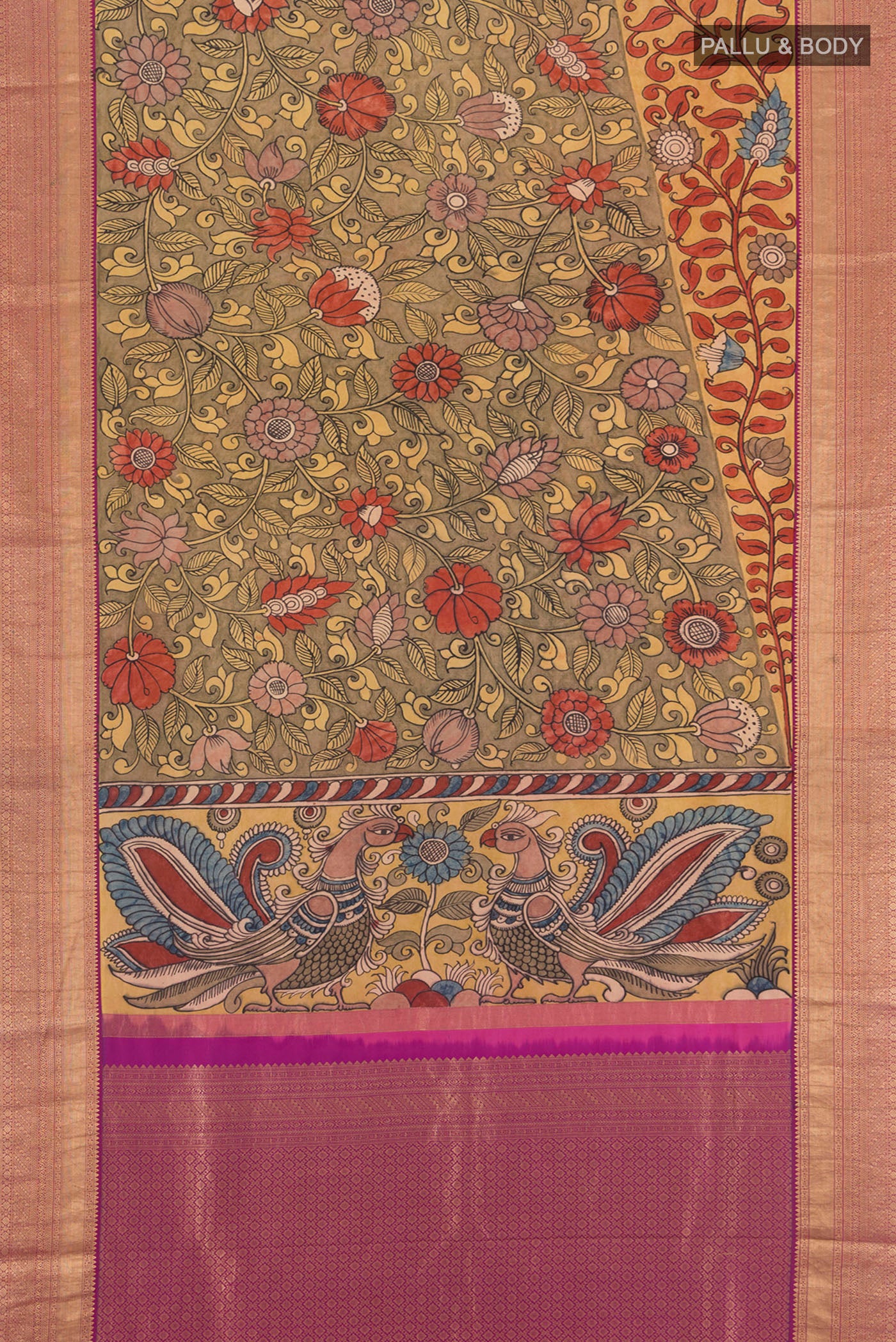 Flat view of Brown Kanjivaram Silk Saree with Floral Print on the body and Zari Border. 