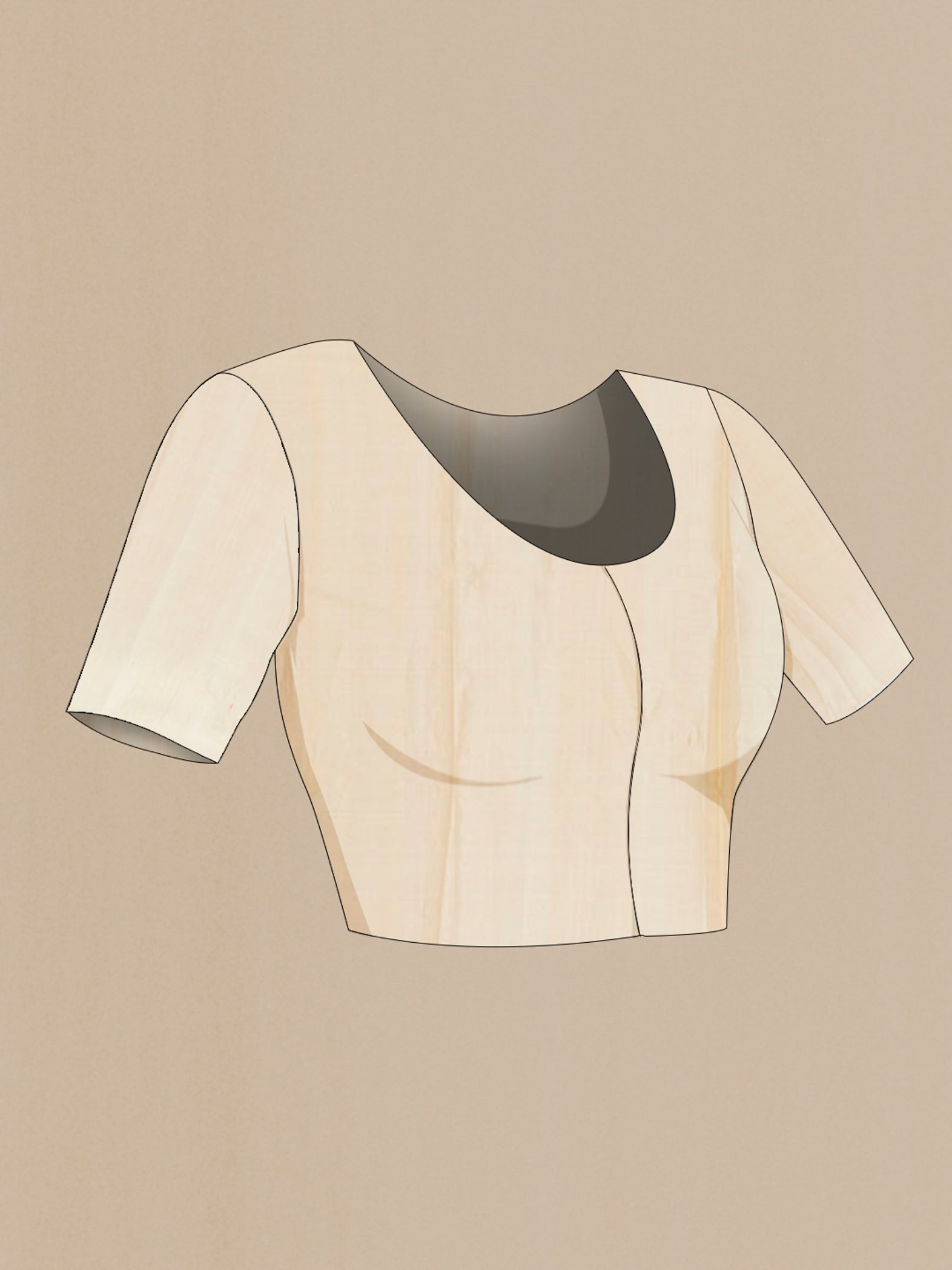 Close up image of the blouse of Cream Tussar Silk Saree with Zari Butta on the body and Zari Border. 