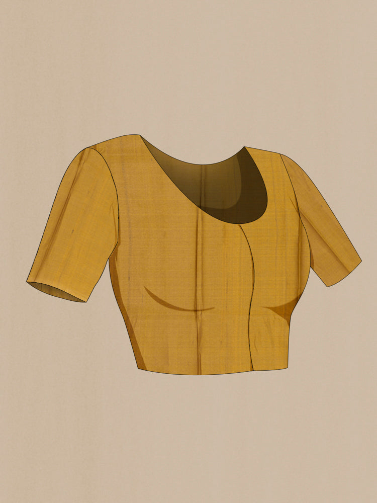 Close up image of the blouse of Golden Tussar Silk Saree with Zari Butta on the body and Silk Border. 