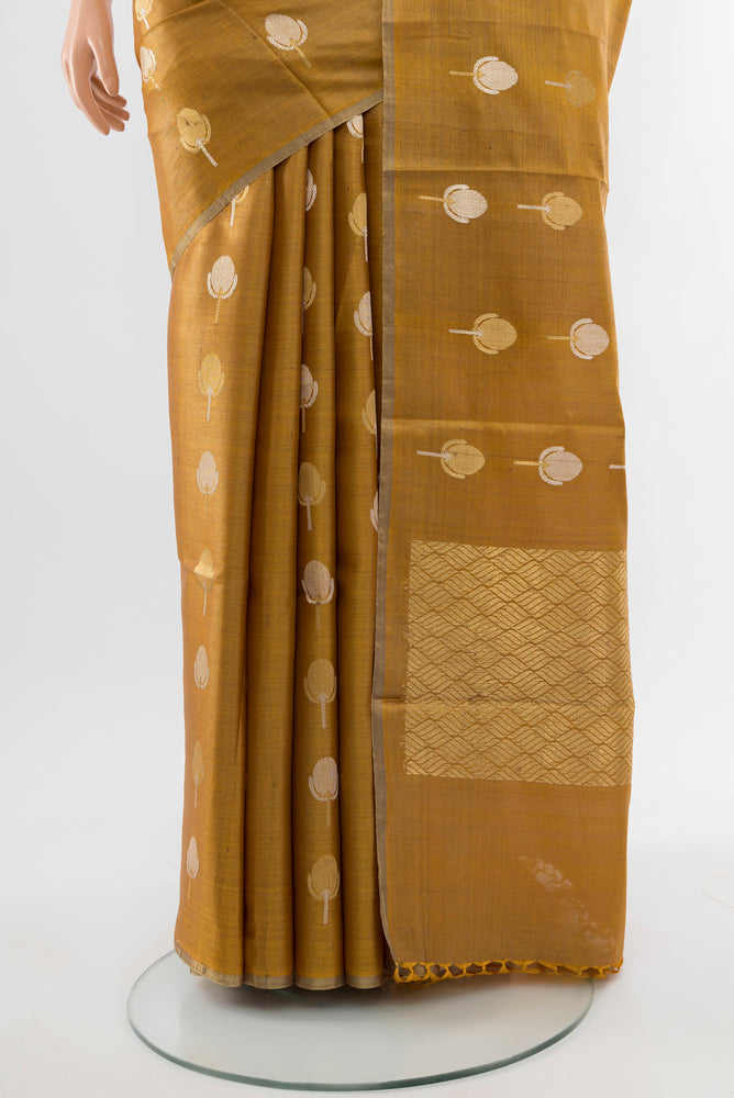 Pleats and pallu of Golden Tussar Silk Saree with Zari Butta on the body and Silk Border. 