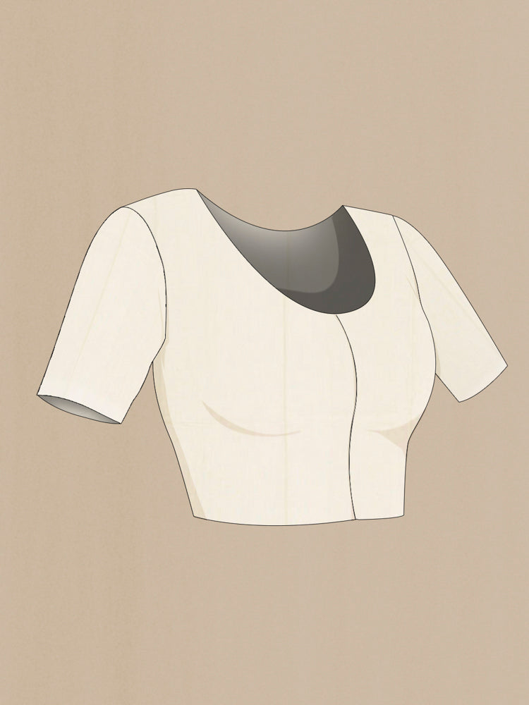 Close up image of the blouse of Pure Silk Pure Zari Cream Tussar Saree with Zari Butta on the body and Silk Border. 