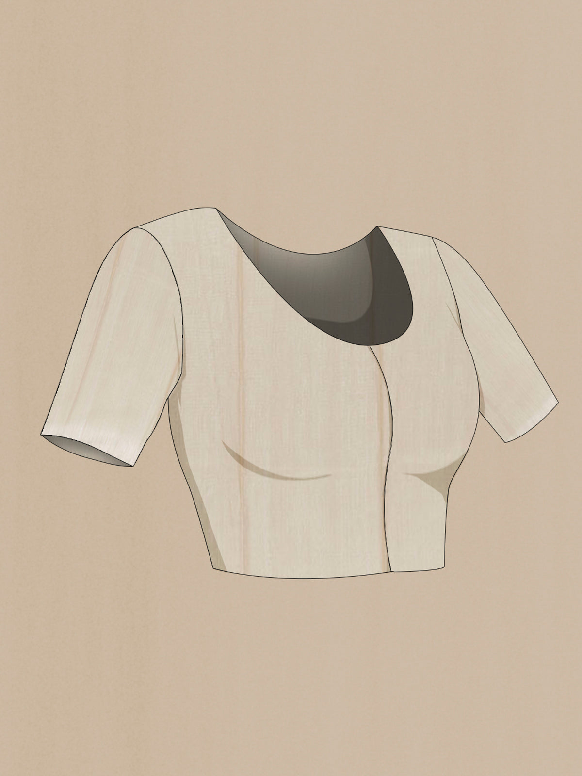 Close up image of the blouse of Pure Silk Cream Tussar Saree with Plain Body and Temple Border. 