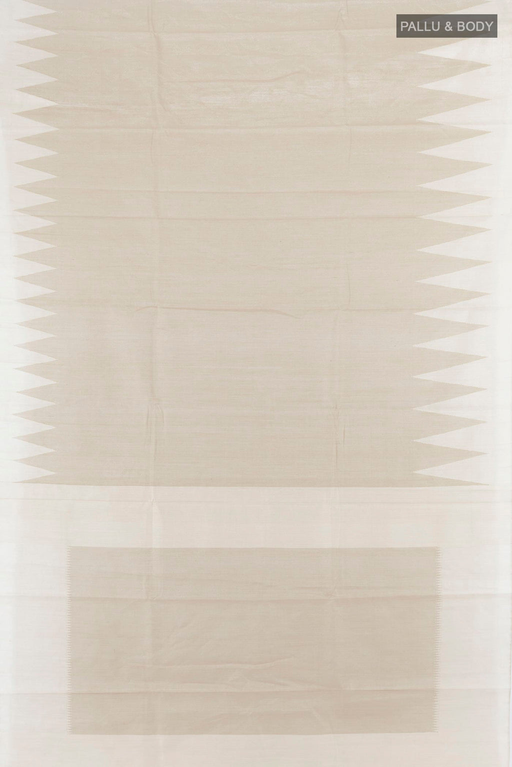 Flat view of Pure Silk Cream Tussar Saree with Plain Body and Temple Border. 