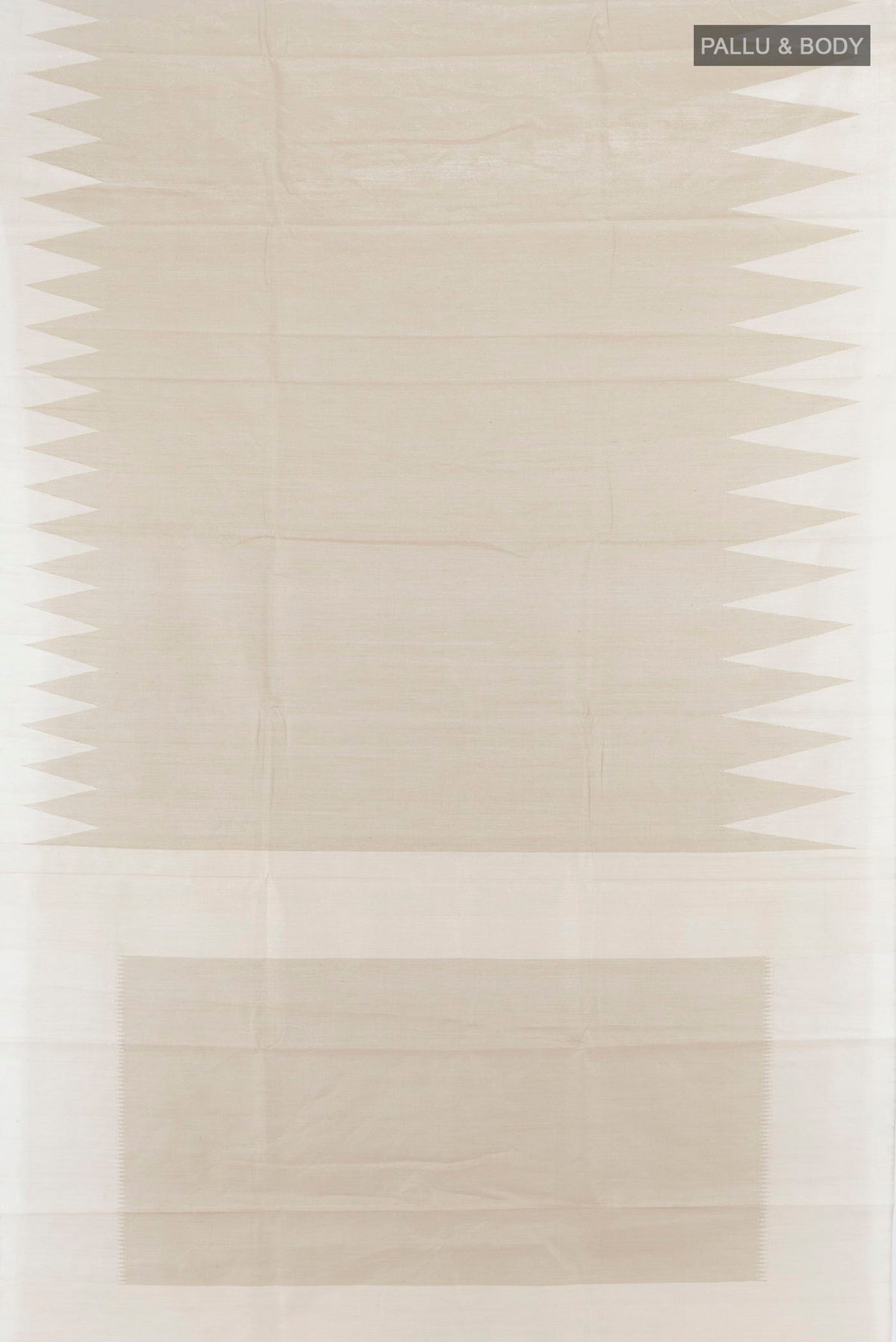 Flat view of Pure Silk Cream Tussar Saree with Plain Body and Temple Border. 