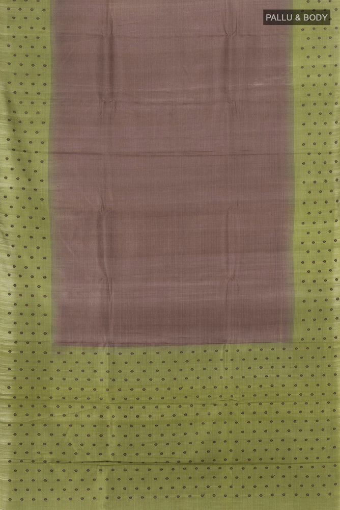 Flat view of Pure Silk Pure Zari Brown Tussar Saree with Zari Butta on the body and Silk Border. 