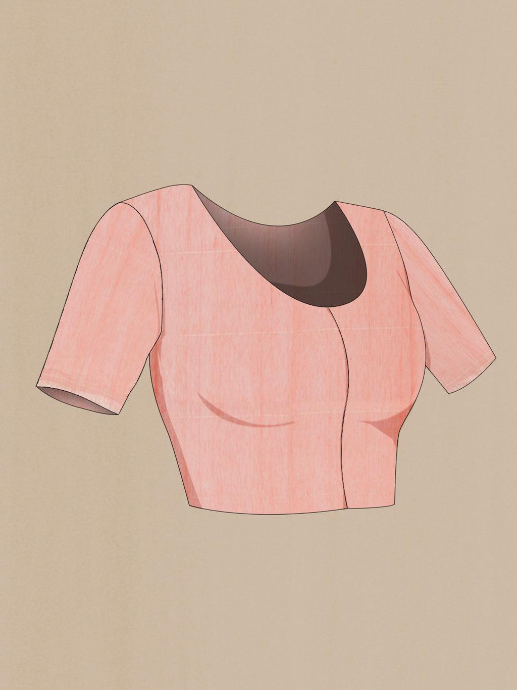 Close up image of the blouse of Peach Tussar Silk Saree with Checked design on the body and Zari Border. 
