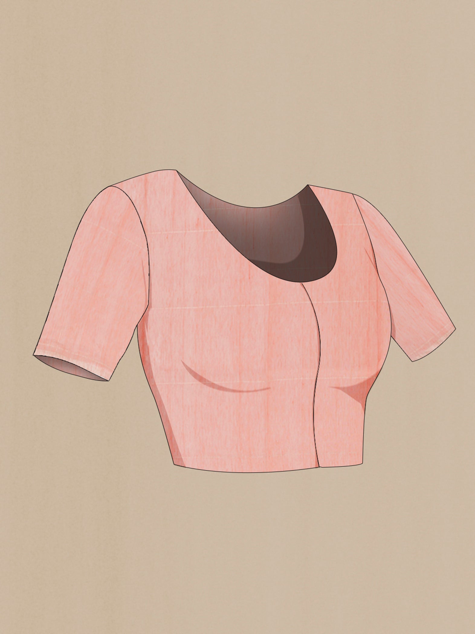 Close up image of the blouse of Peach Tussar Silk Saree with Checked design on the body and Zari Border. 