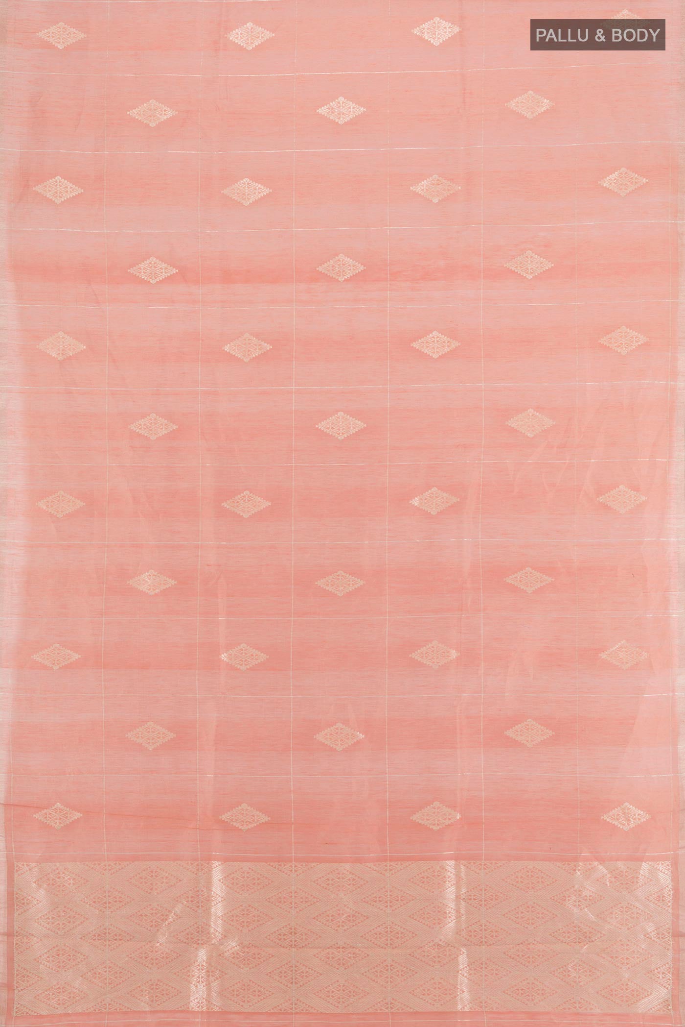 Flat view of Peach Tussar Silk Saree with Checked design on the body and Zari Border. 