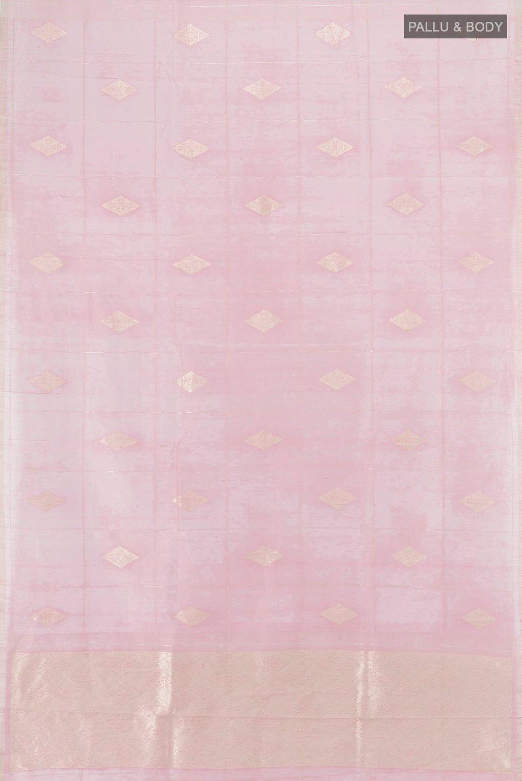 Flat view of Rose pink Tussar Silk Saree with Zari Butta on the body and Zari Border. 