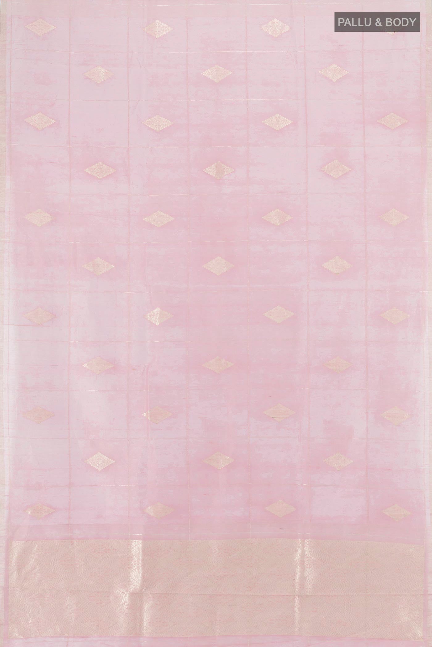 Flat view of Rose pink Tussar Silk Saree with Zari Butta on the body and Zari Border. 