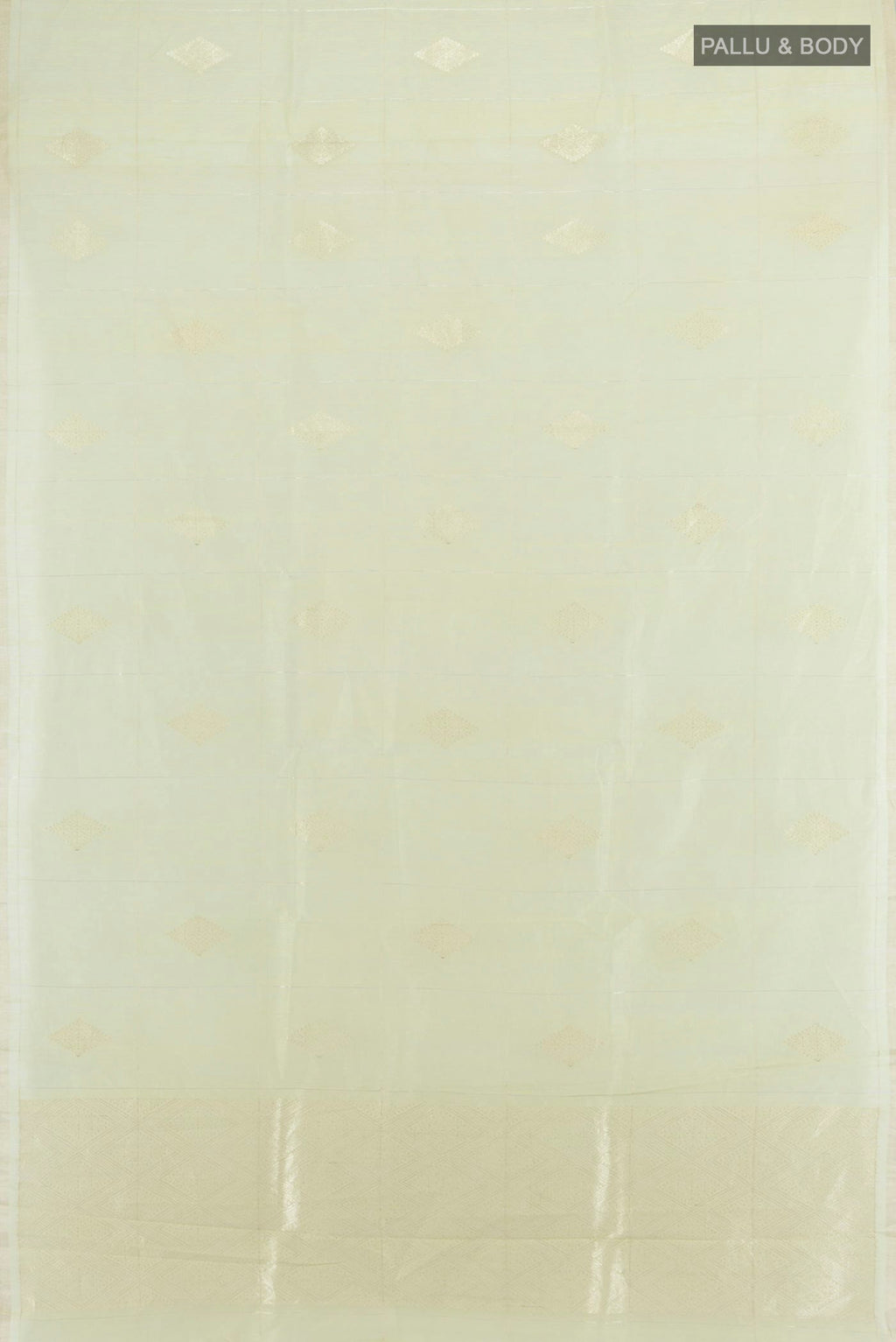 Flat view of Pure Silk Light Green Tussar Saree with Thread Butta on the body and Plain Border. 