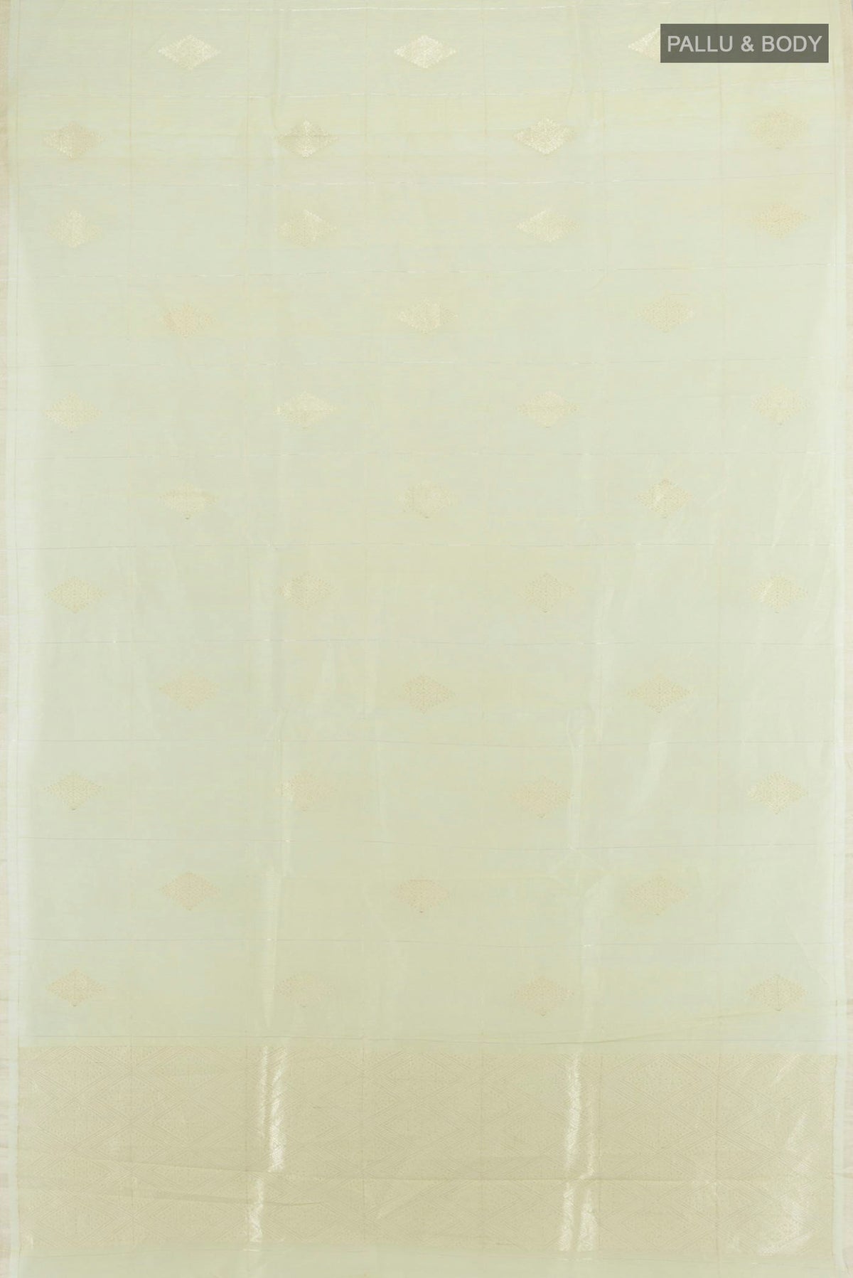 Flat view of Pure Silk Light Green Tussar Saree with Thread Butta on the body and Plain Border. 