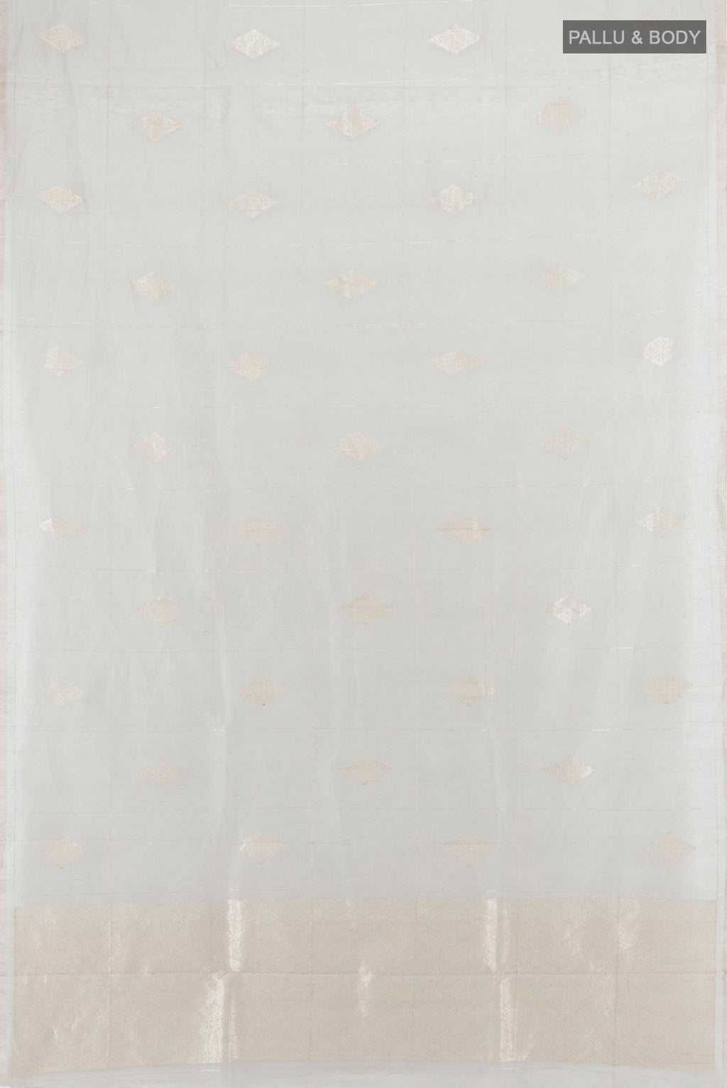 Flat view of Grey Tussar Saree with Zari Butta on the body and Without Border. 