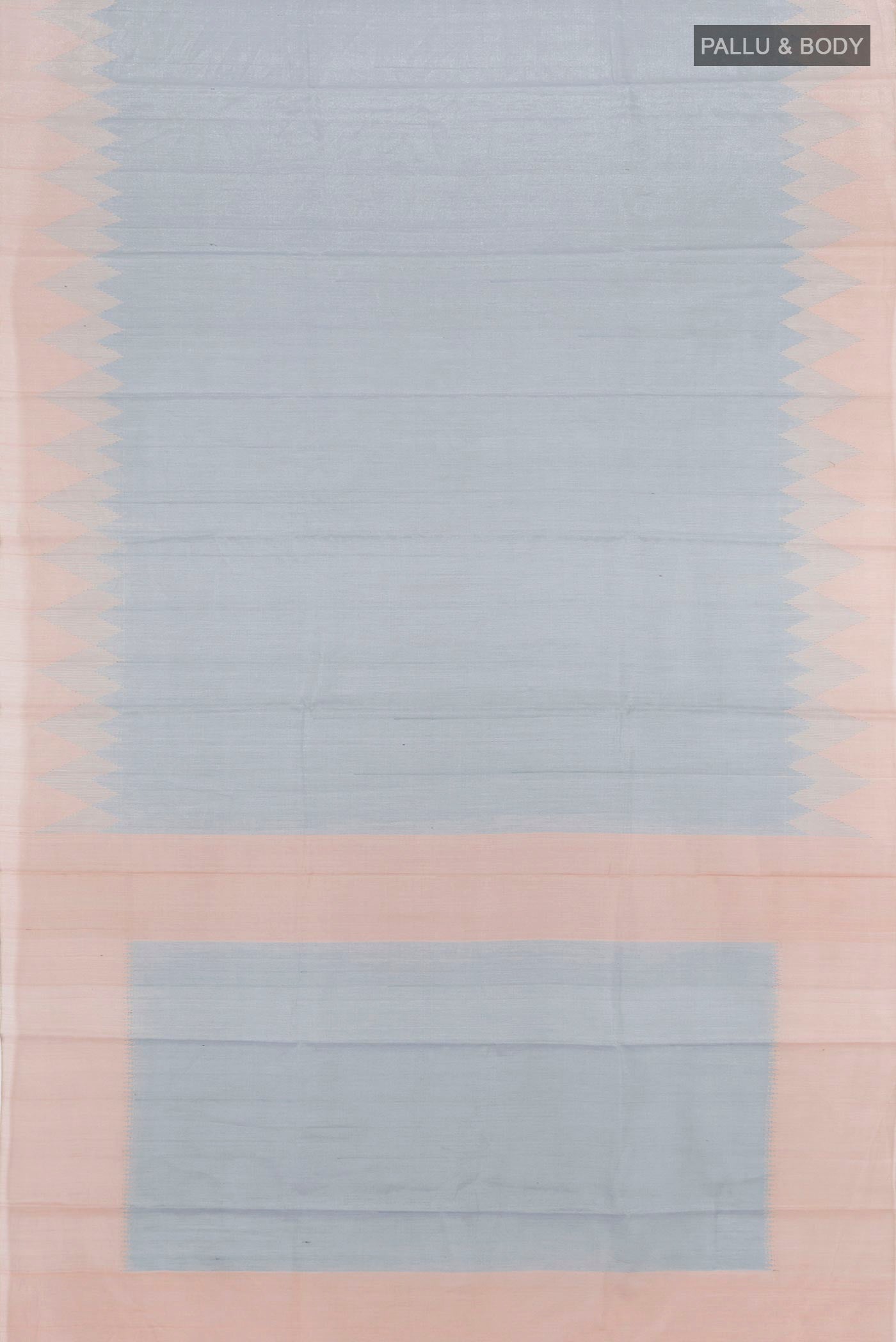 Flat view of Blue Tussar Silk Saree with Plain Body and Temple Border. 