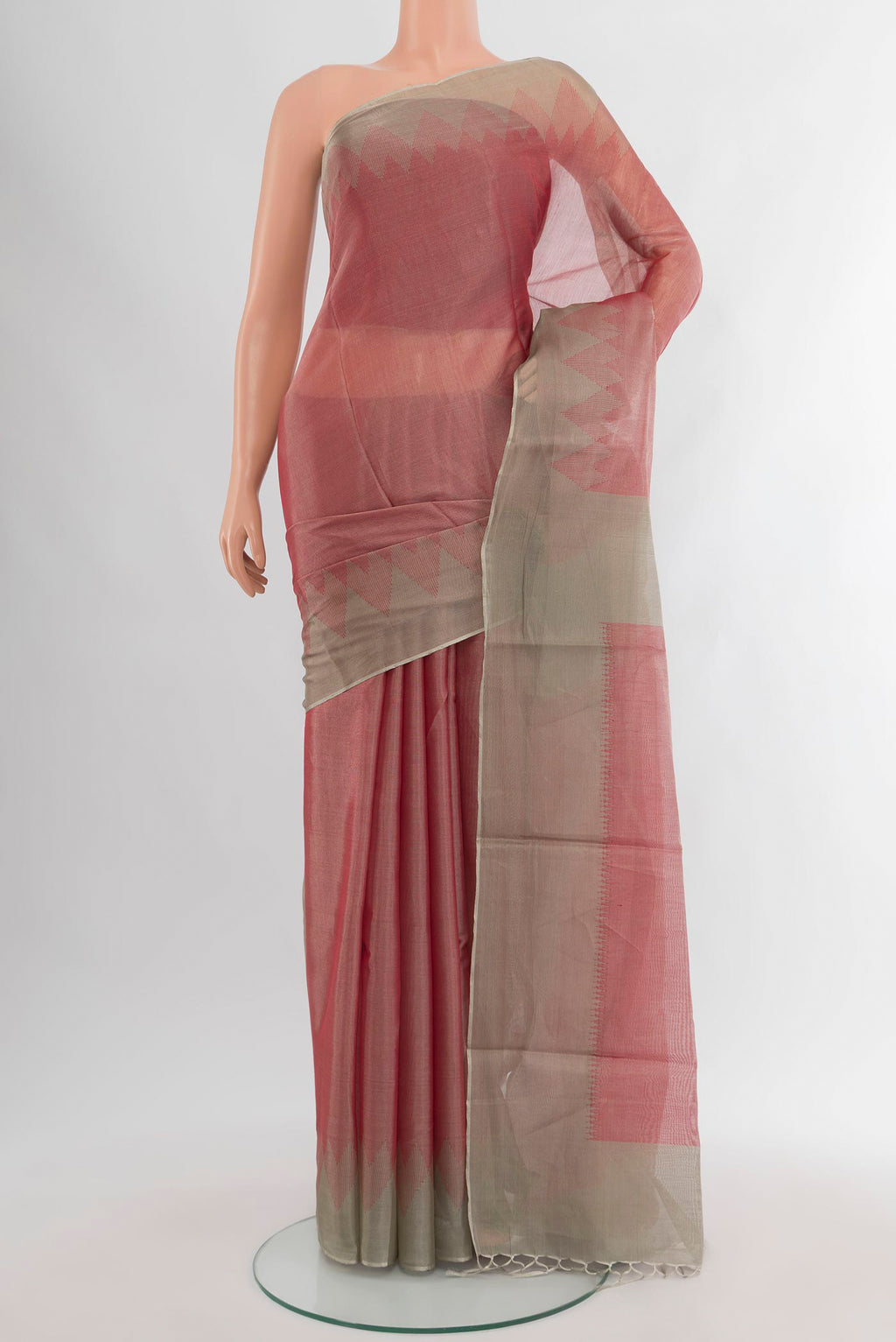 Rose Gold Tussar Silk Saree with Plain Body and Temple Border.  displayed on a mannequin