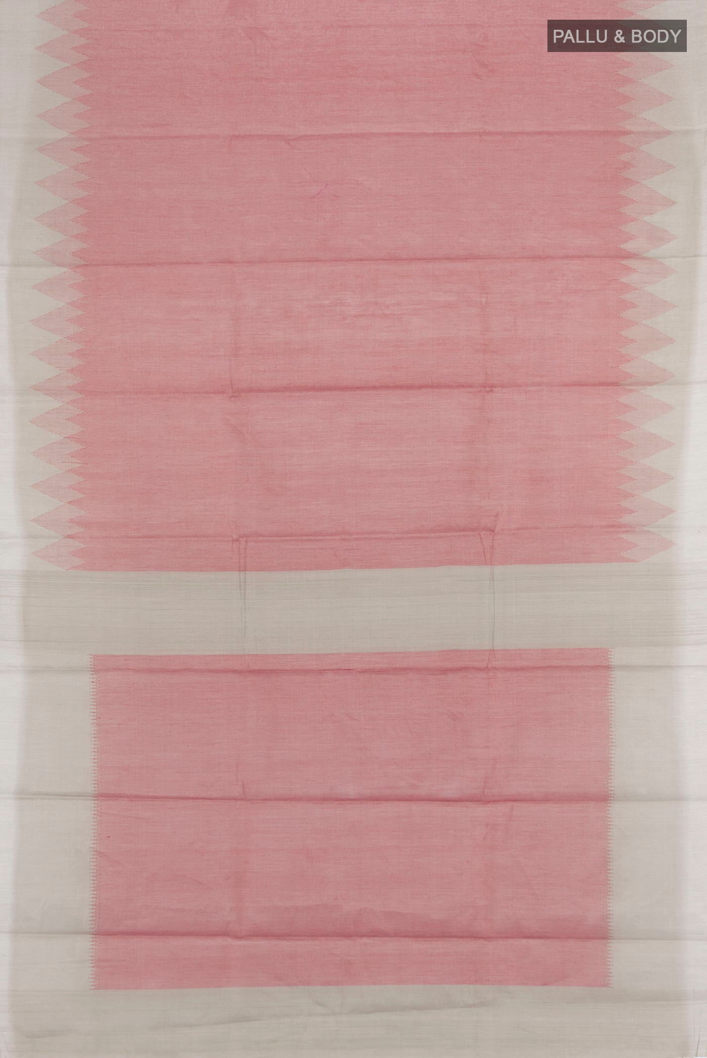 Flat view of Rose Gold Tussar Silk Saree with Plain Body and Temple Border. 