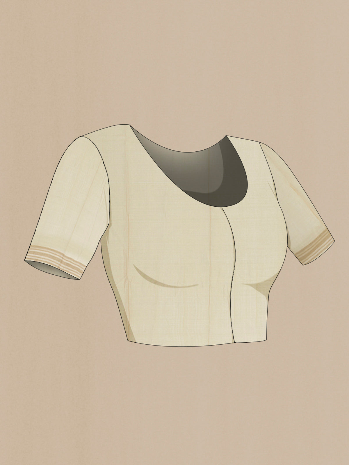Close up image of the blouse of Beige Tussar Saree with Checked design on the body and Thread Border. 