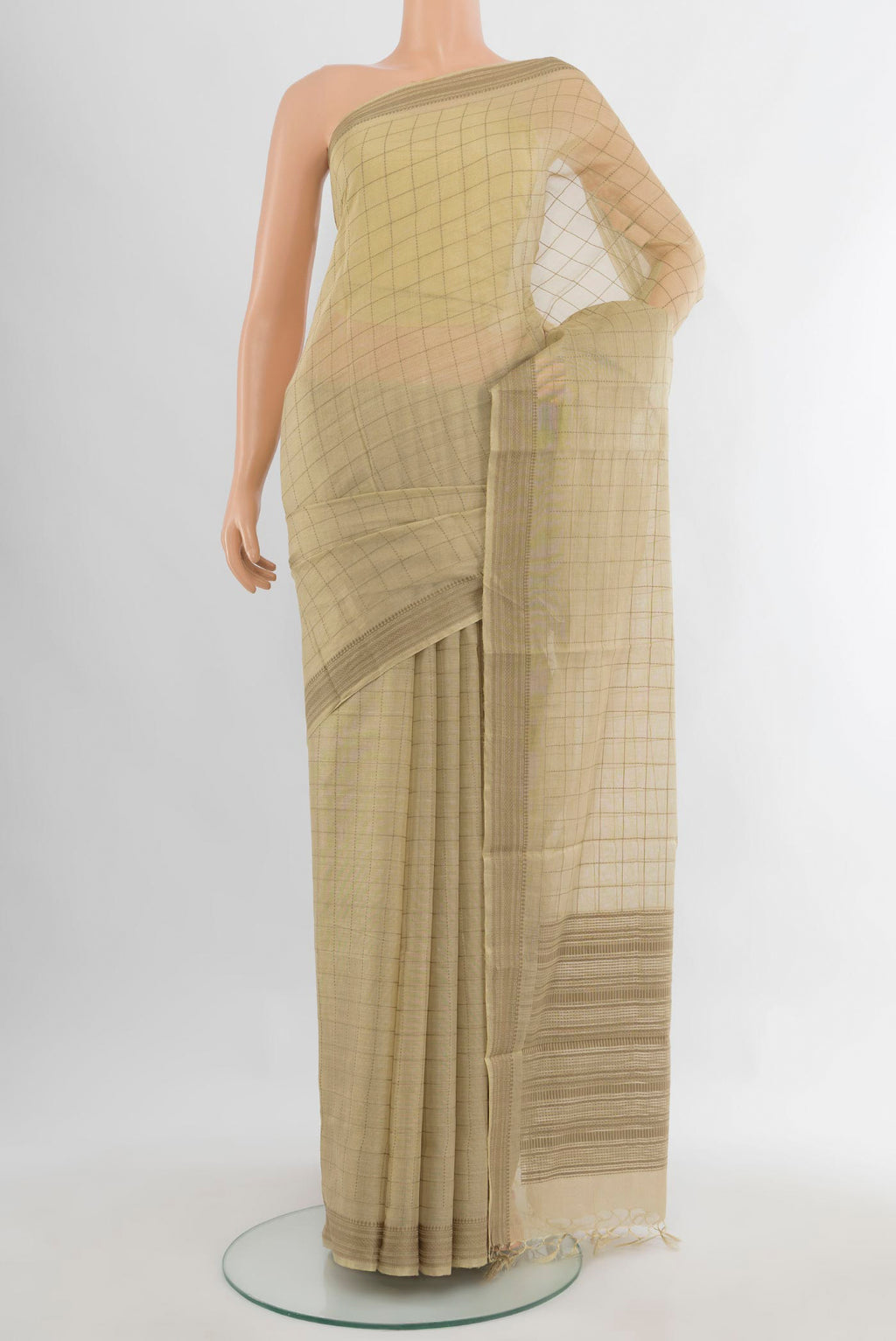 Beige Tussar Saree with Checked design on the body and Thread Border.  displayed on a mannequin