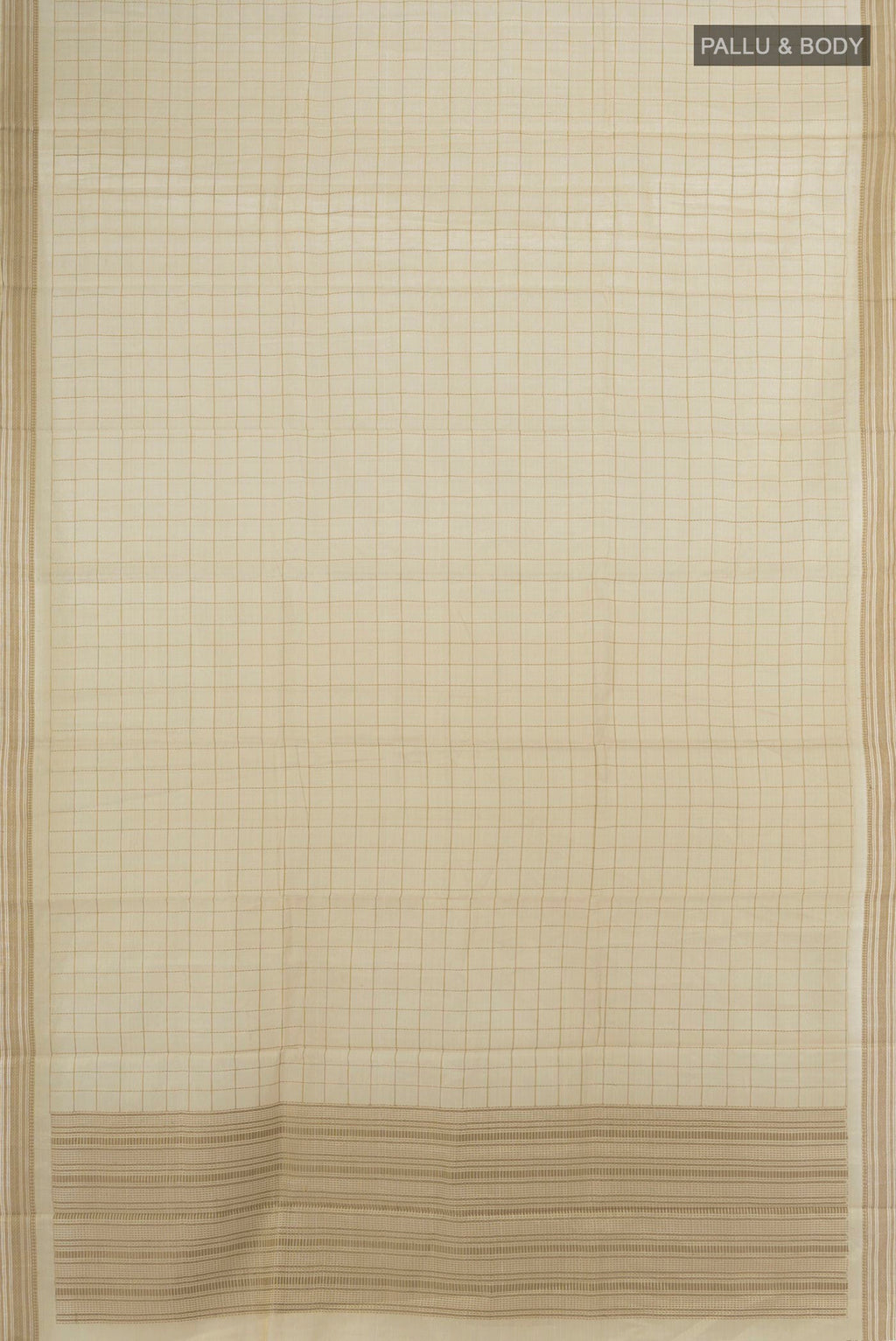 Flat view of Beige Tussar Saree with Checked design on the body and Thread Border. 