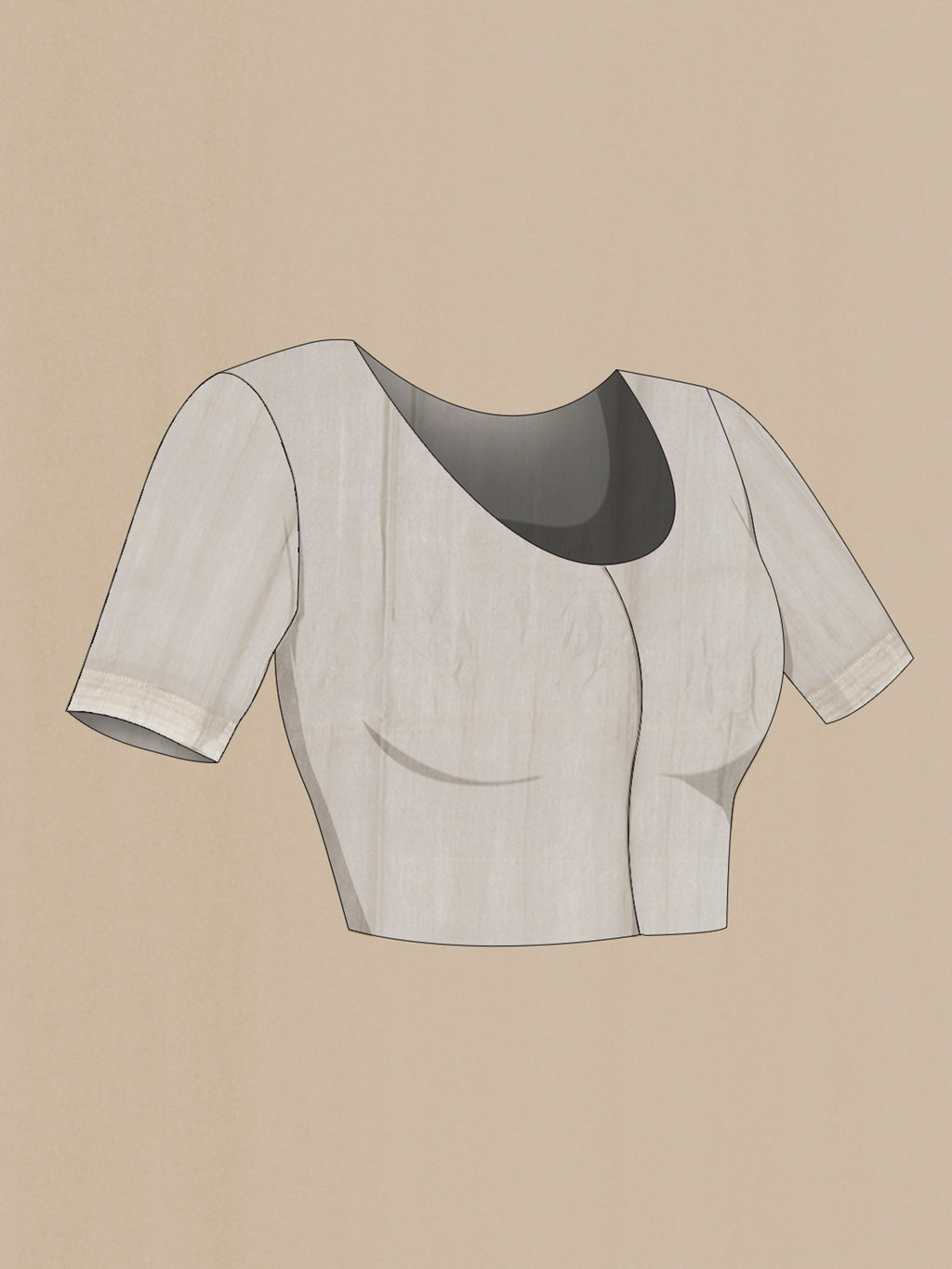 Close up image of the blouse of Grey Tussar Silk Saree with Zari Butta on the body and Silk Border. 