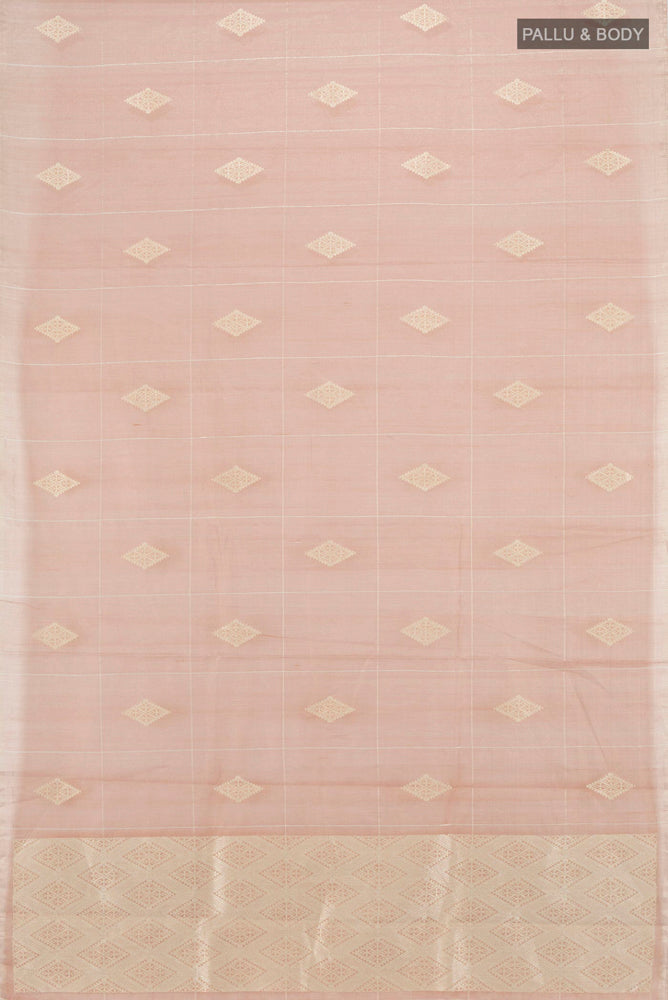 Flat view of Bronze Tussar Silk Saree with Zari Butta on the body and Silk Border. 
