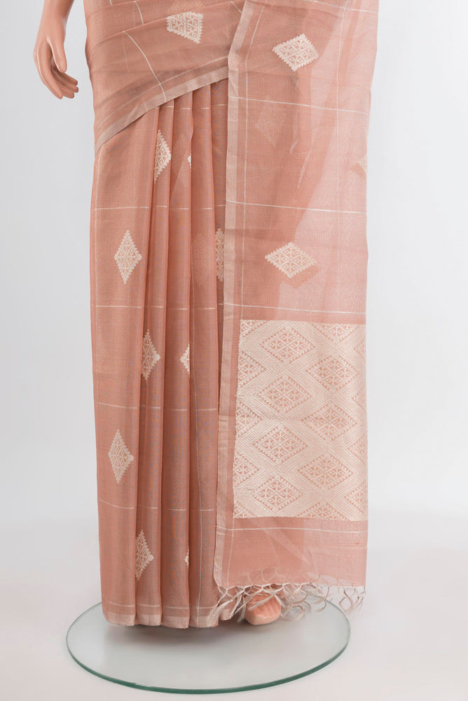 Pleats and pallu of Bronze Tussar Silk Saree with Zari Butta on the body and Silk Border. 