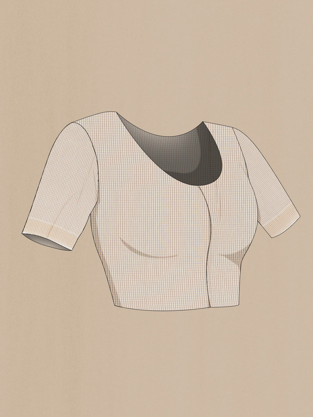 Close up image of the blouse of Off White Tussar Silk Saree with Checked design on the body and Zari Border. 