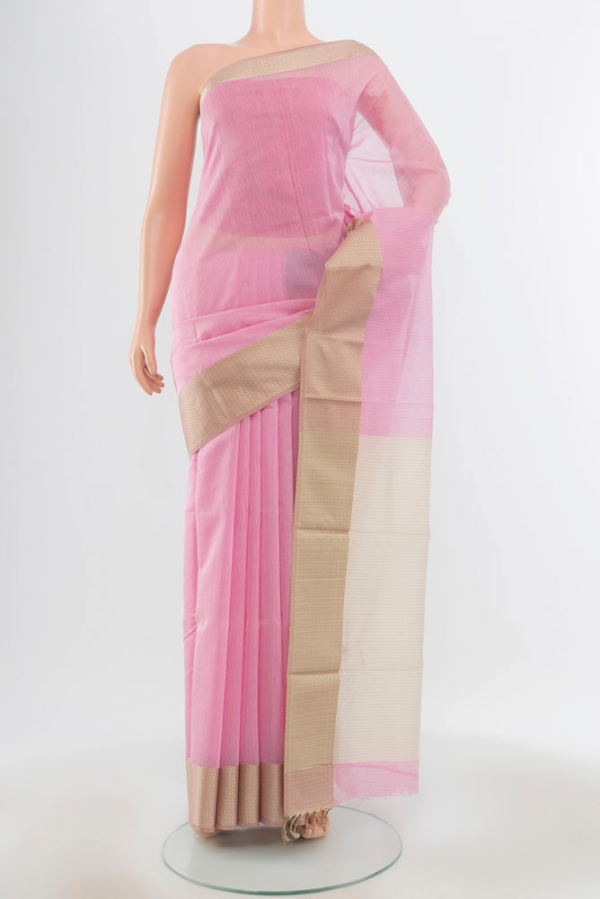 Pure Silk Pure Zari Rose pink Maheshwari Cotton Saree with Zari Butta on the body and Silk Border.  displayed on a mannequin