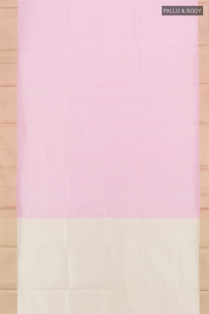 Flat view of Pure Silk Pure Zari Rose pink Maheshwari Cotton Saree with Zari Butta on the body and Silk Border. 