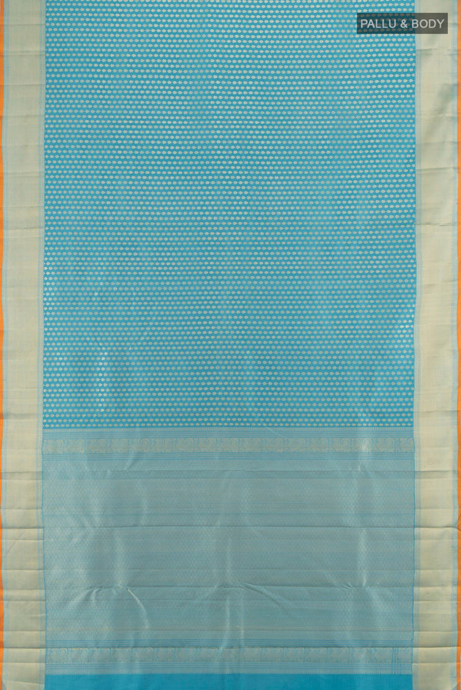 Flat view of Light Blue Kanchipuram Silk Saree with Zari Butta on the body and Silk Border. 