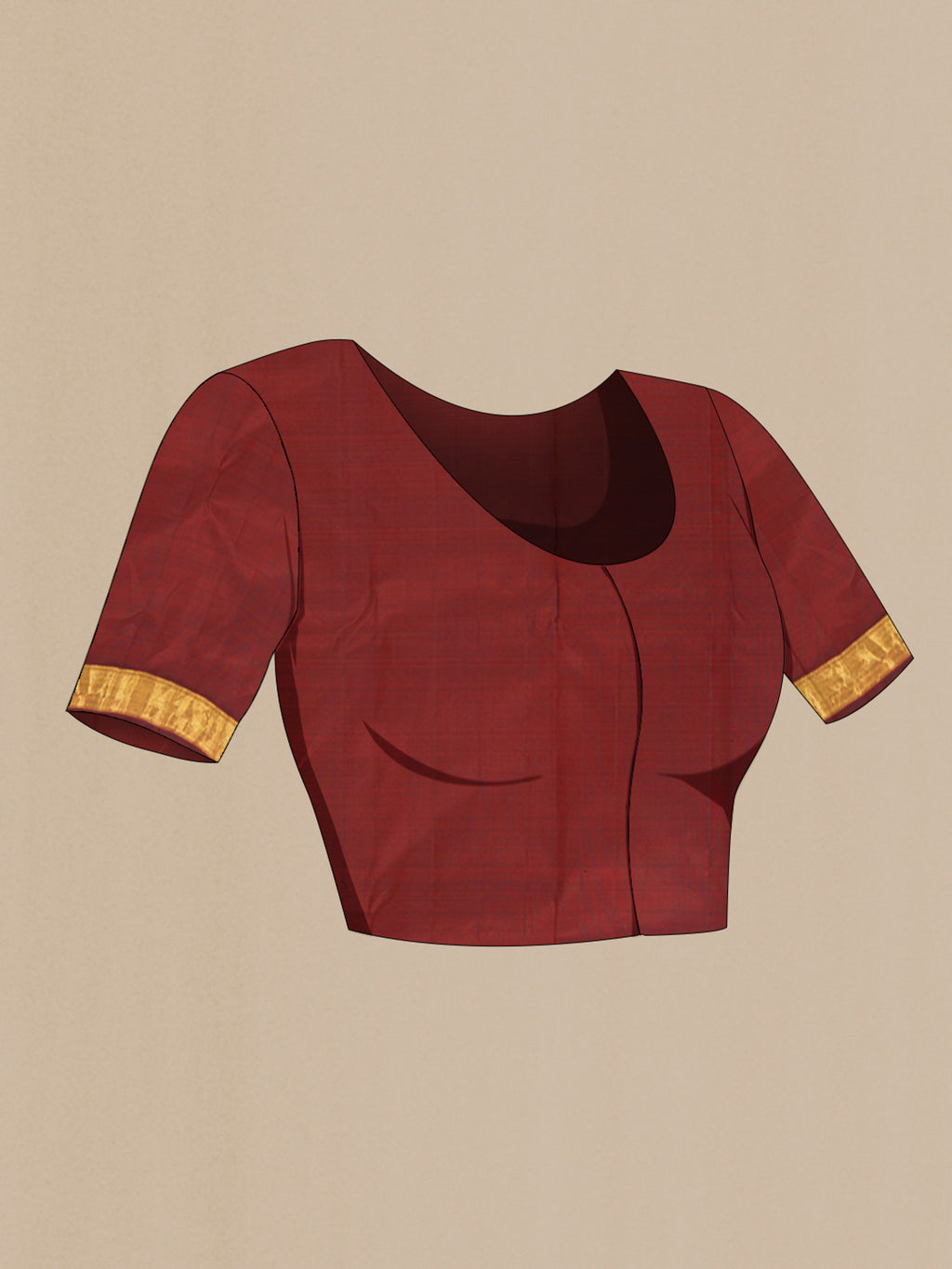 Close up image of the blouse of Maroon Kanchipuram Silk Saree with Zari Brocade on the body and Zari Border. 