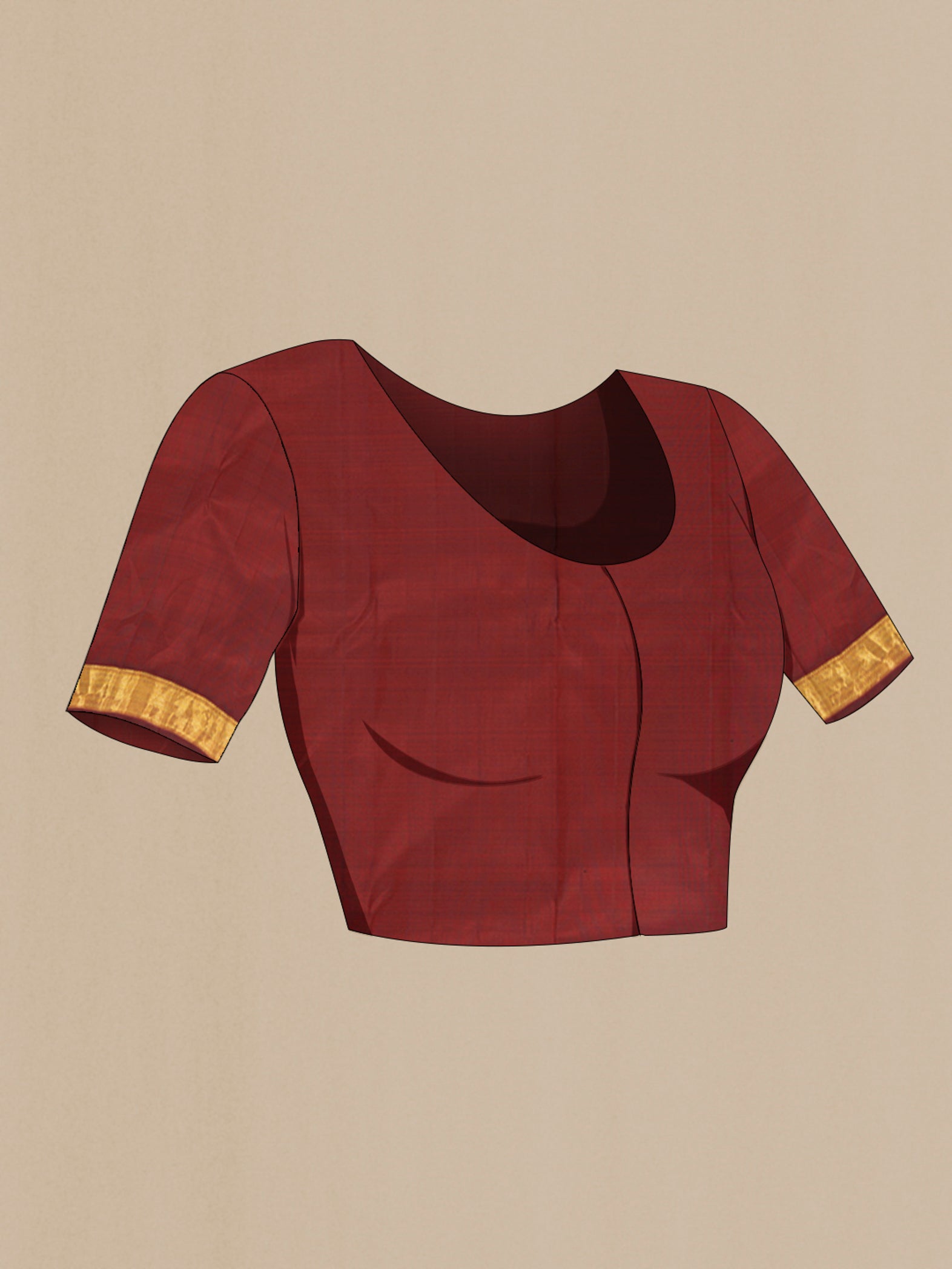 Close up image of the blouse of Maroon Kanchipuram Silk Saree with Zari Brocade on the body and Zari Border. 
