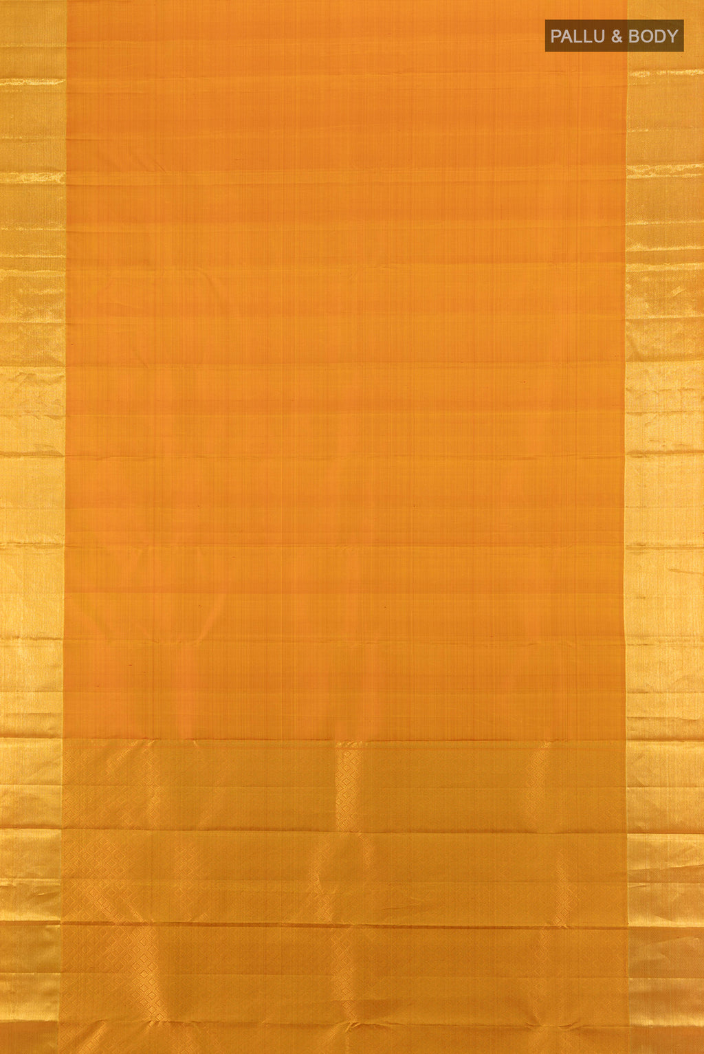 Flat view of Mustard Kanjivaram Silk Saree with Zari Butta on the body and Silk Border. 