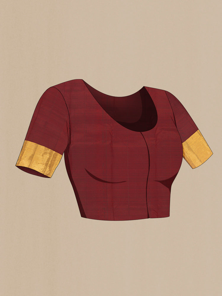 Close up image of the blouse of Pure Silk Pure Zari Maroon Kanchipuram Saree with Zari Butta on the body and Silk Border. 