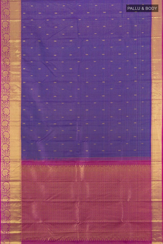 Flat view of Violet Kanchipuram Silk Saree with Zari Butta on the body and Silk Border. 